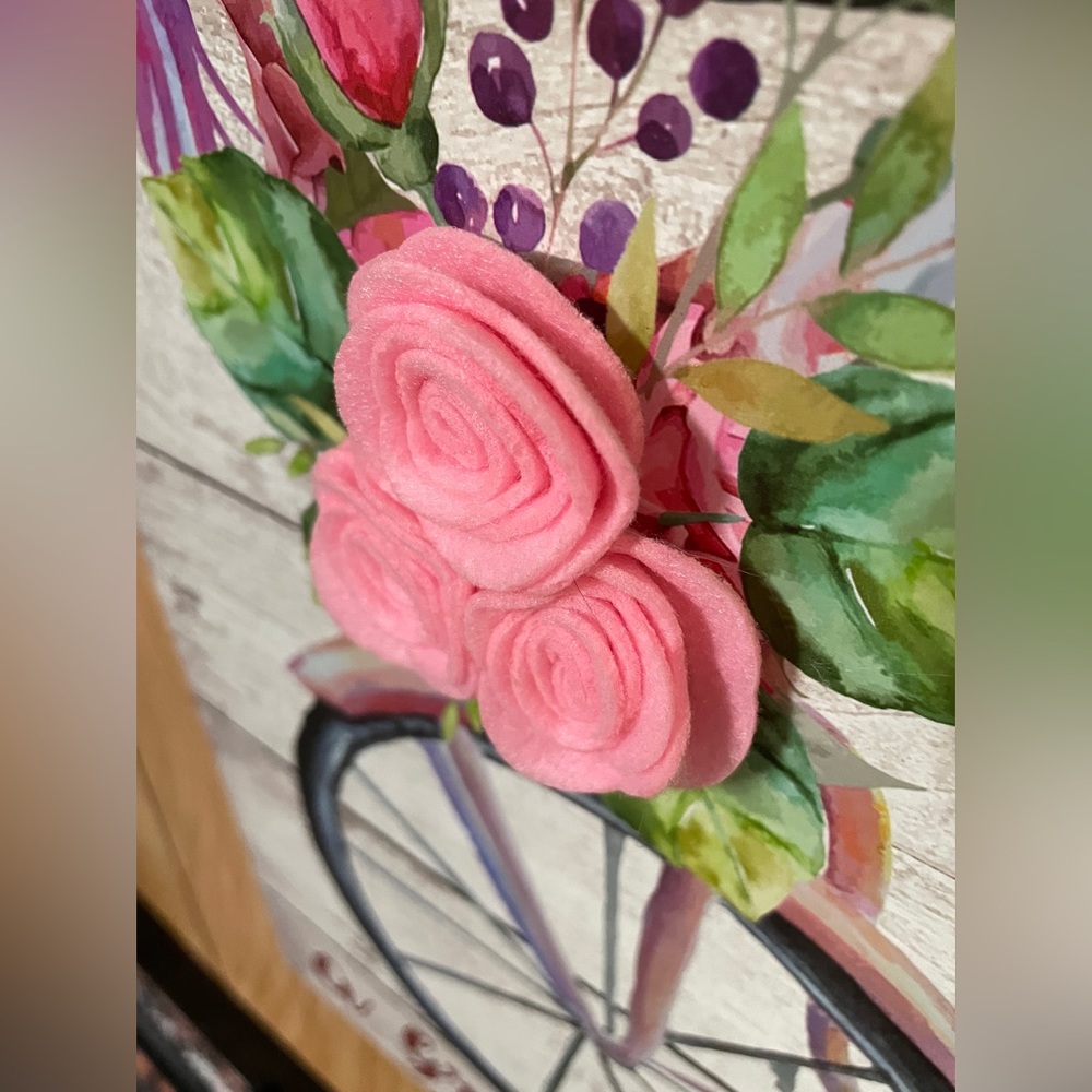 Make Life a Great Journey bike painting by Hanna’s Handiworks w/ pink felt roses - Picture 2 of 9